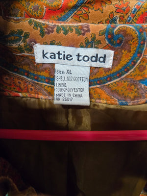 Katie Todd Women's Paisley Velvet Jacket Ruffle Collar Boho Vintage Look Size XL 2