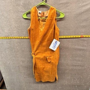 Vintage Corduroy Drop Waist Dress Womens Medium Golden Tan Self Belt 50s 60s 1