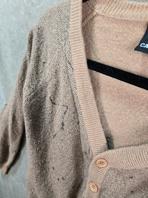 CASHMERE Women's Beige Herringbone Merino Wool V Neck Cardigan Size M 4