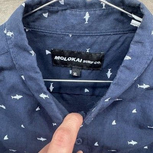 Molokai Surf Co Shirt Mens XL Navy Blue Shark Print Button Up Casual Summer Top 2