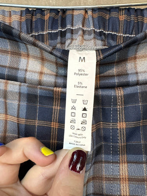 Wide-Leg Pants Women Plaid Navy Blue Tan White Size M Good Condition 2