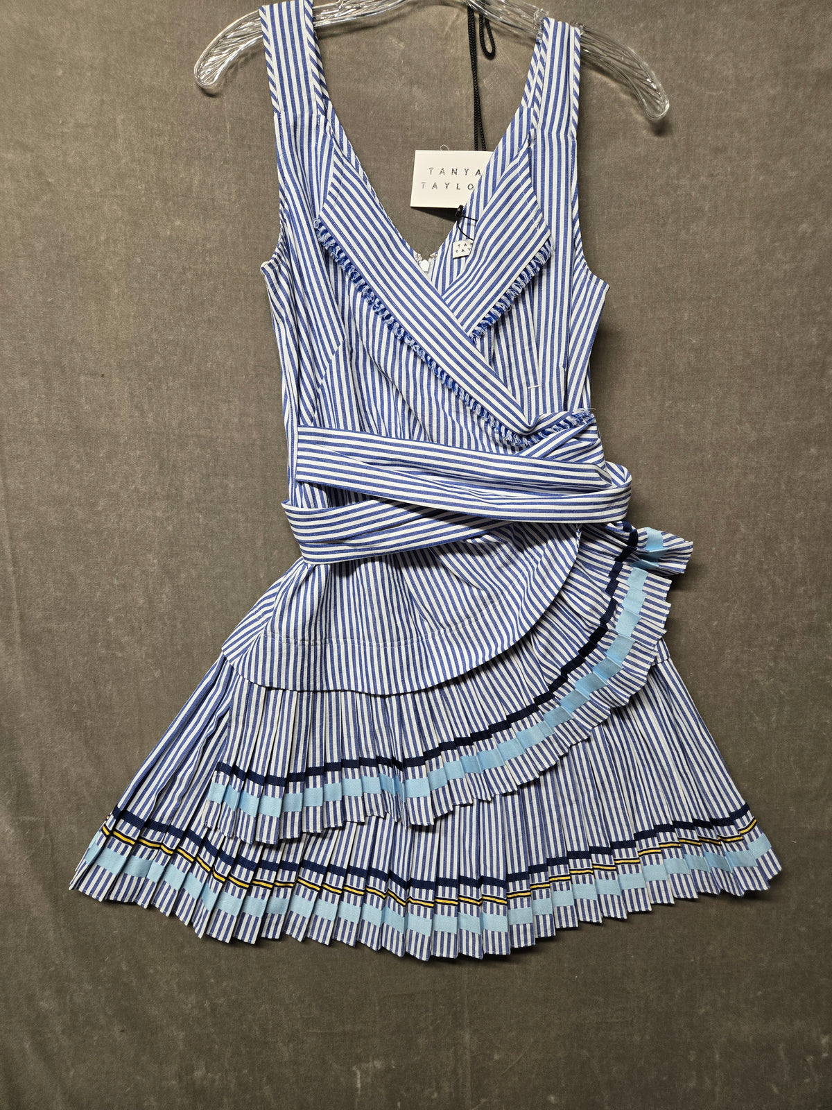 Tanya Taylor Blue White Stripe Pleated Tiered Mini Dress Bow Wrap V-Neck 4 NWT