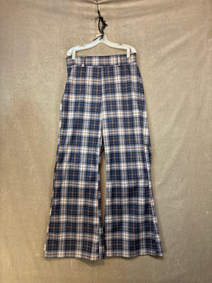 Wide-Leg Pants Women Plaid Navy Blue Tan White Size M Good Condition 1