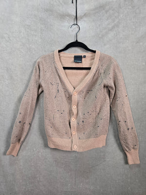 CASHMERE Women's Beige Herringbone Merino Wool V Neck Cardigan Size M 1