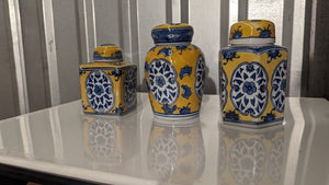 Sx3 Vtg Pottery Asian Ceramic Lidded Vases Blue, Yellow, & White + 2 Bonus! 4