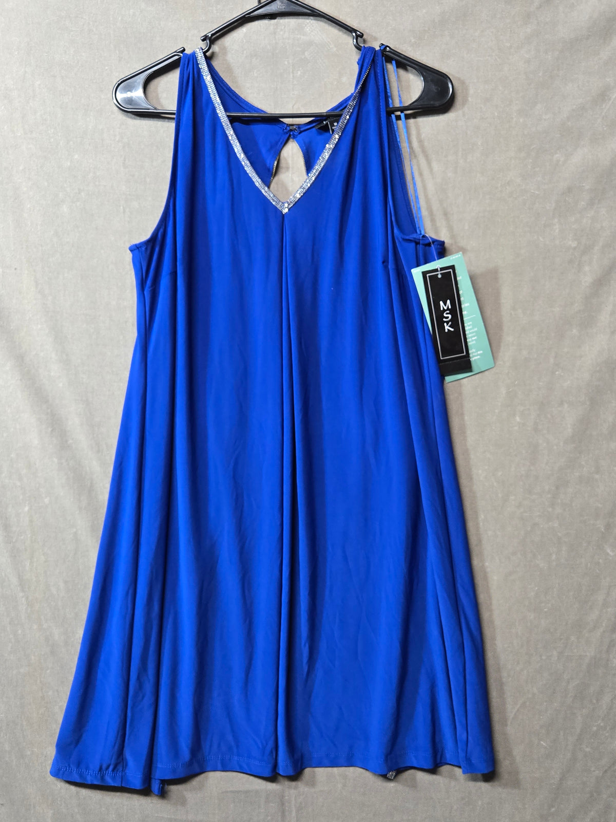 MSK Women's Royal Blue Rhinestone Trim Swing Dress Keyhole Back Size M NWT