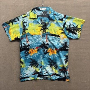 Mens Medium Blue Yellow Hawaiian Floral Print Short Sleeve Shirt Pre-Owned Good 2