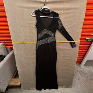 Black Rhinestone One Sleeve Asymmetrical Mesh Gown Womens Large Pre-Owned 2