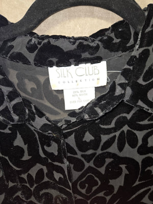 Silk Club Black Burnout Velvet Blouse Silk Rayon Damask Button Up Vintage Womens 2
