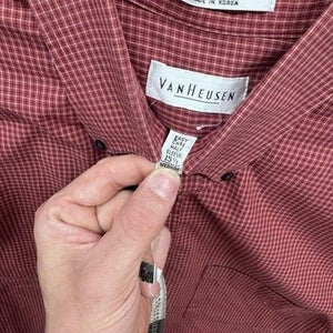 Van Heusen Shirt Mens Medium Red Plaid Short Sleeve Button Up Pocket Vintage 90s 5