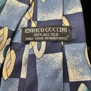 Enrico Guccini Mens Silk Tie Blue Yellow Geometric Leaf Print 4 Inch Wide Pre-Ow 5