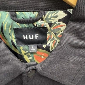HUF Jacket Mens Large Black Penthouse Button Up Coach Floral Lined Embroidered 2