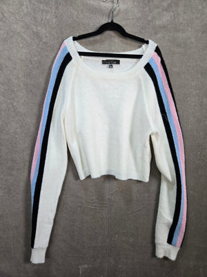 blue blush Women's White Colorblock Stripe Raglan Cropped Sweater Size L 1