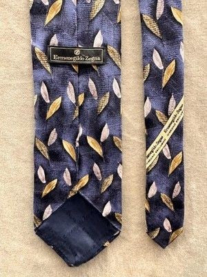 Ermenegildo Zegna Tie Mens One Size Blue Gold Leaf Pattern Dress Necktie