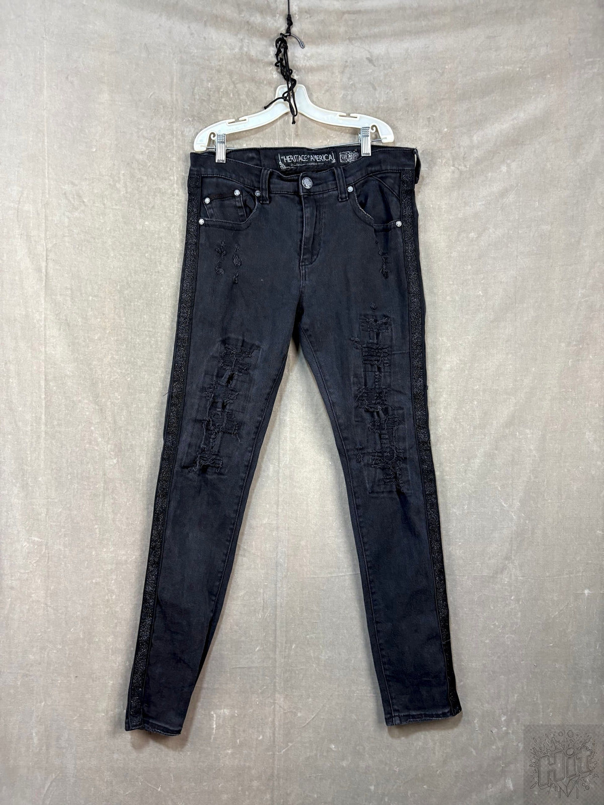 Heritage America Black Distressed Skinny Jeans with Side Stripe