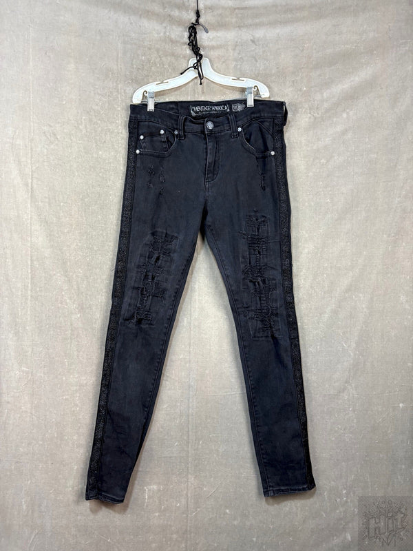 Heritage America Black Distressed Skinny Jeans with Side Stripe