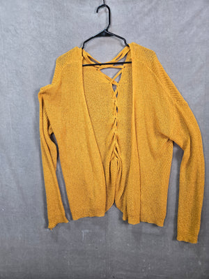 Women's Mustard Yellow Lace Up Back Open Knit Cardigan Sweater Size L 1