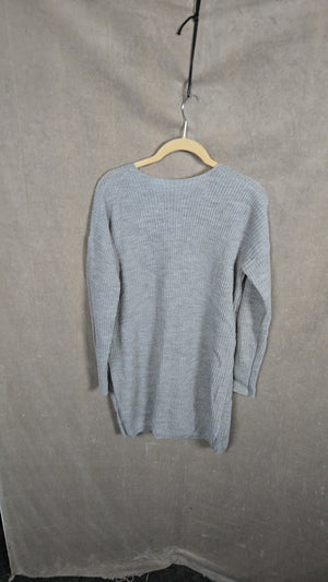 Women's Gray Ribbed Knit Longline V-Neck Pullover Sweater Size M 3