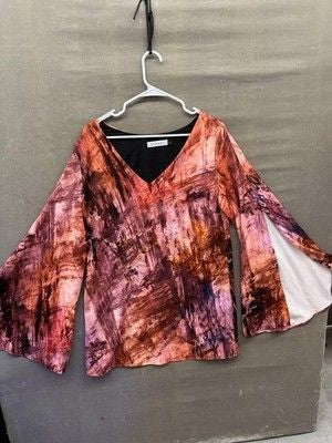 Askari Blouse Womens Large Pink Brown Abstract Flare Sleeve V Neck Art Top USA 3