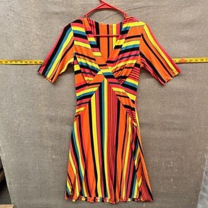 Rainbow Stripe Wrap Dress Womens XS Multicolor Fit & Flare Short Sleeve V Neck 2
