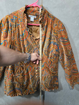 Katie Todd Women's Paisley Velvet Jacket Ruffle Collar Boho Vintage Look Size XL 3