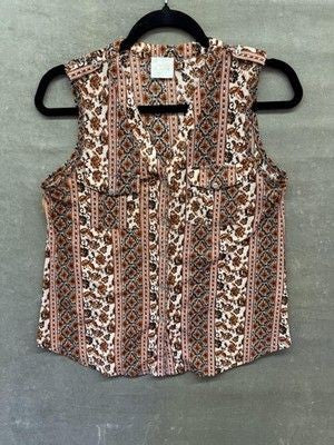 Siren Lily Shirt Womens Petite Small Brown White Sleeveless Button Up Boho Top
