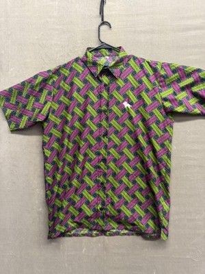 Mens Short Sleeve Button Shirt Large Geometric Pattern Embroidered Pig Casual 4
