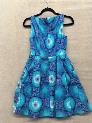 Zacharys Smile White Label Dress Womens 6 Blue Teal Geometric Pockets Fit Flare 2