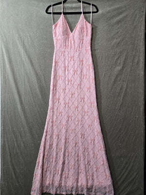 Windsor Pink Beaded Bow Maxi Dress V-Neck Tie Back Prom Formal Gown Sequin 1