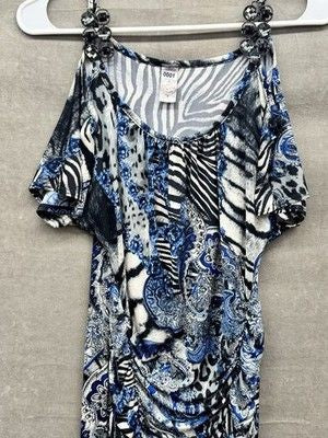Entry Dress Womens Medium Animal Print Paisley Jeweled Shoulder Ruched Cocktail 2