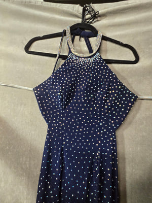 Camille Navy Blue Rhinestone Halter Prom Gown Open Back Mermaid Formal Size 0 4