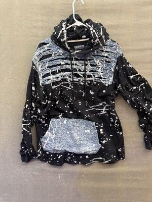 Encrypted Hoodie Mens XL Distressed Bleach Splatter Ripped Denim Pullover Pre-Ow 3