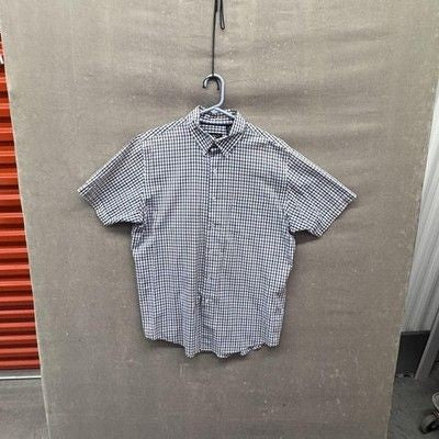 Van Heusen Shirt Mens Medium Blue Brown Plaid Button Up Classic Fit Short Sleeve