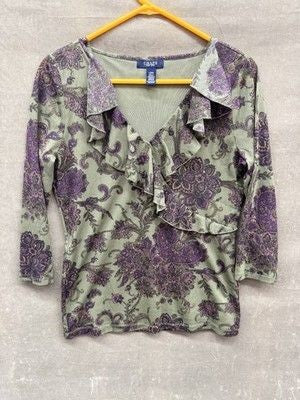 Chaps Shirt Womens Large Green Purple Paisley Ruffle V Neck 3/4 Sleeve Boho Top