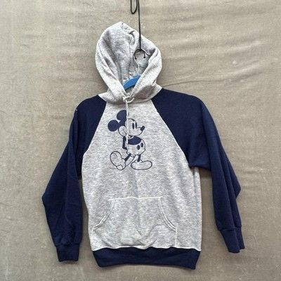 Disney Mickey Mouse Hoodie Sweatshirt Mens Small Gray Navy Raglan Pre-Owned