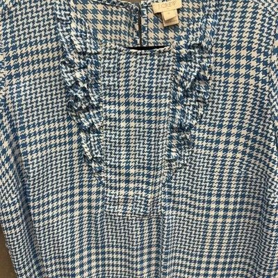 J Crew Shirt Womens 10 Blue White Houndstooth Long Sleeve Ruffle Blouse Top
