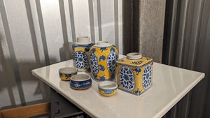 Sx3 Vtg Pottery Asian Ceramic Lidded Vases Blue, Yellow, & White + 2 Bonus! 5