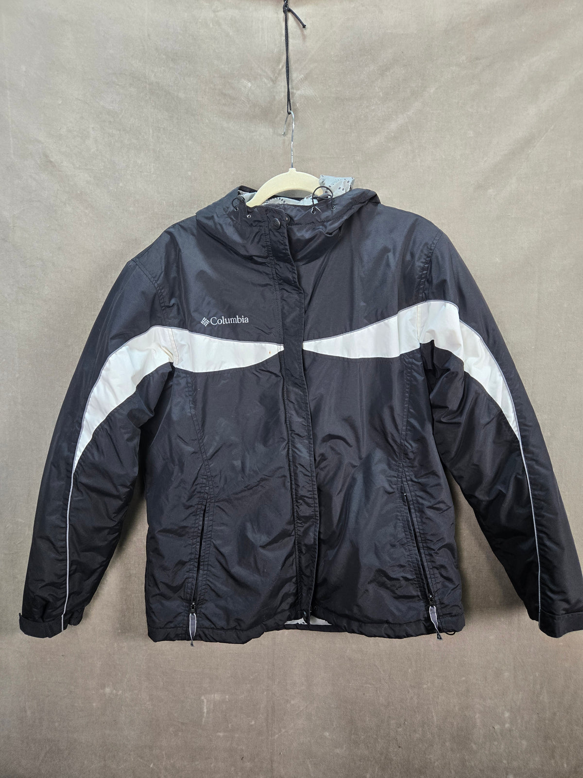 Columbia Women's Black White Hooded Fleece Lined Puffer Jacket Size L