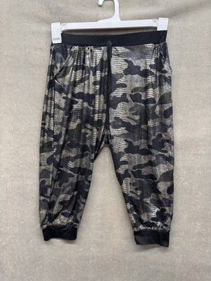 Camo Cropped Jogger Pants Womens Medium Black Silver Camouflage Metallic Stretch 1