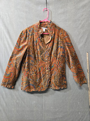 Katie Todd Women's Paisley Velvet Jacket Ruffle Collar Boho Vintage Look Size XL 1