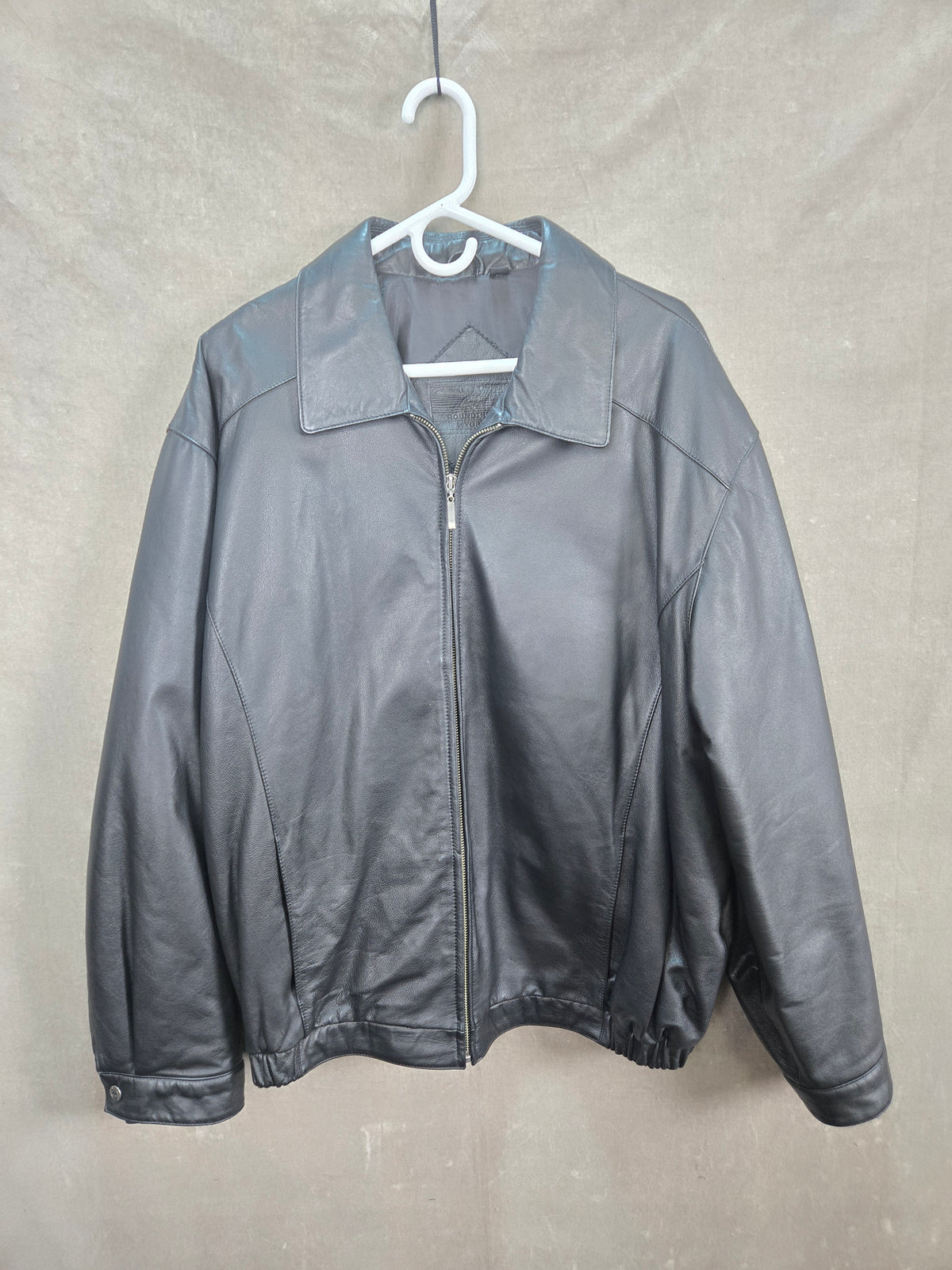 Men's Black Faux Leather Zip Bomber Jacket Collared Elastic Hem Size XL