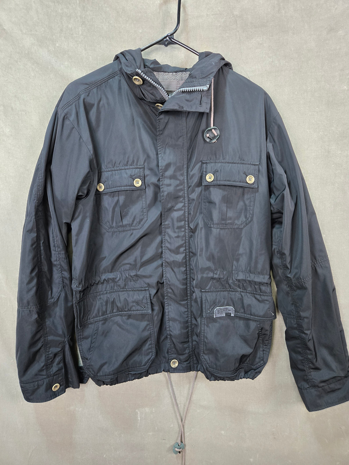 Diesel Mens Black Hooded Anorak Jacket Teflon Nylon Pockets Size L