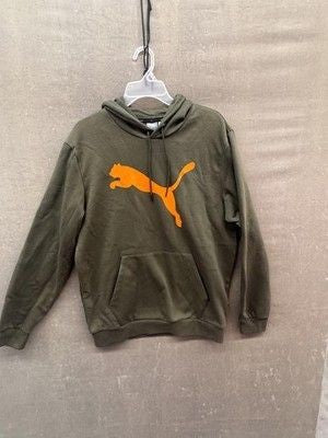 PUMA Hoodie Sweatshirt Mens Medium Olive Green Orange Logo Pullover Fleece Lined