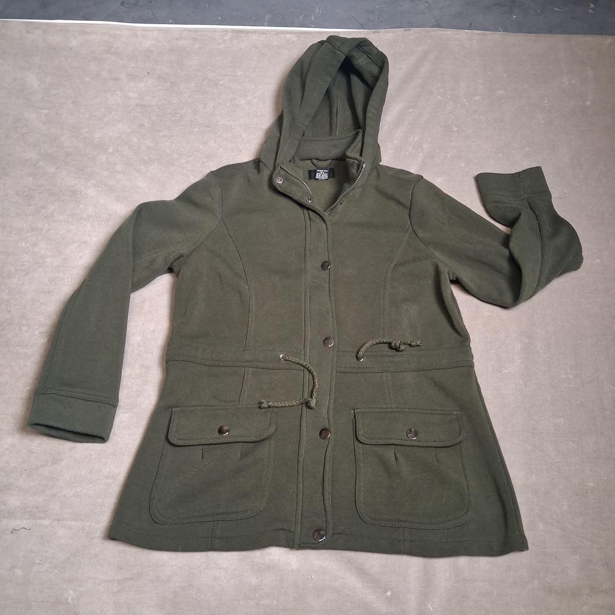 MISS LILI Women Jacket Olive Green Mid-Length Hooded Drawstring Size L Used