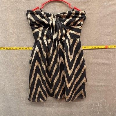 Aryn K Dress Womens Medium Black Gold Strapless Mini Cocktail Metallic Chevron