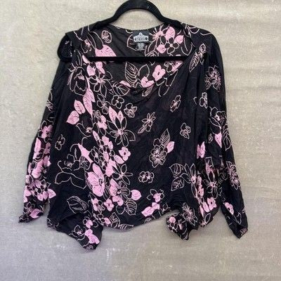 Angie Blouse Womens One Size Black Pink Floral Sheer Handkerchief Boho Flow Top