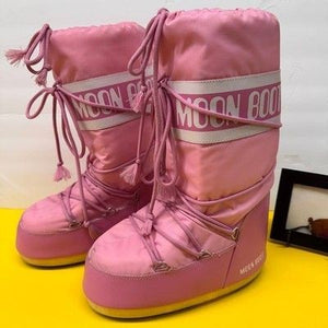 Moon Boot Icon Nylon Pink Snow Boots Tall Lace Up Après-Ski Logo Boots Sz 7/8.5 4