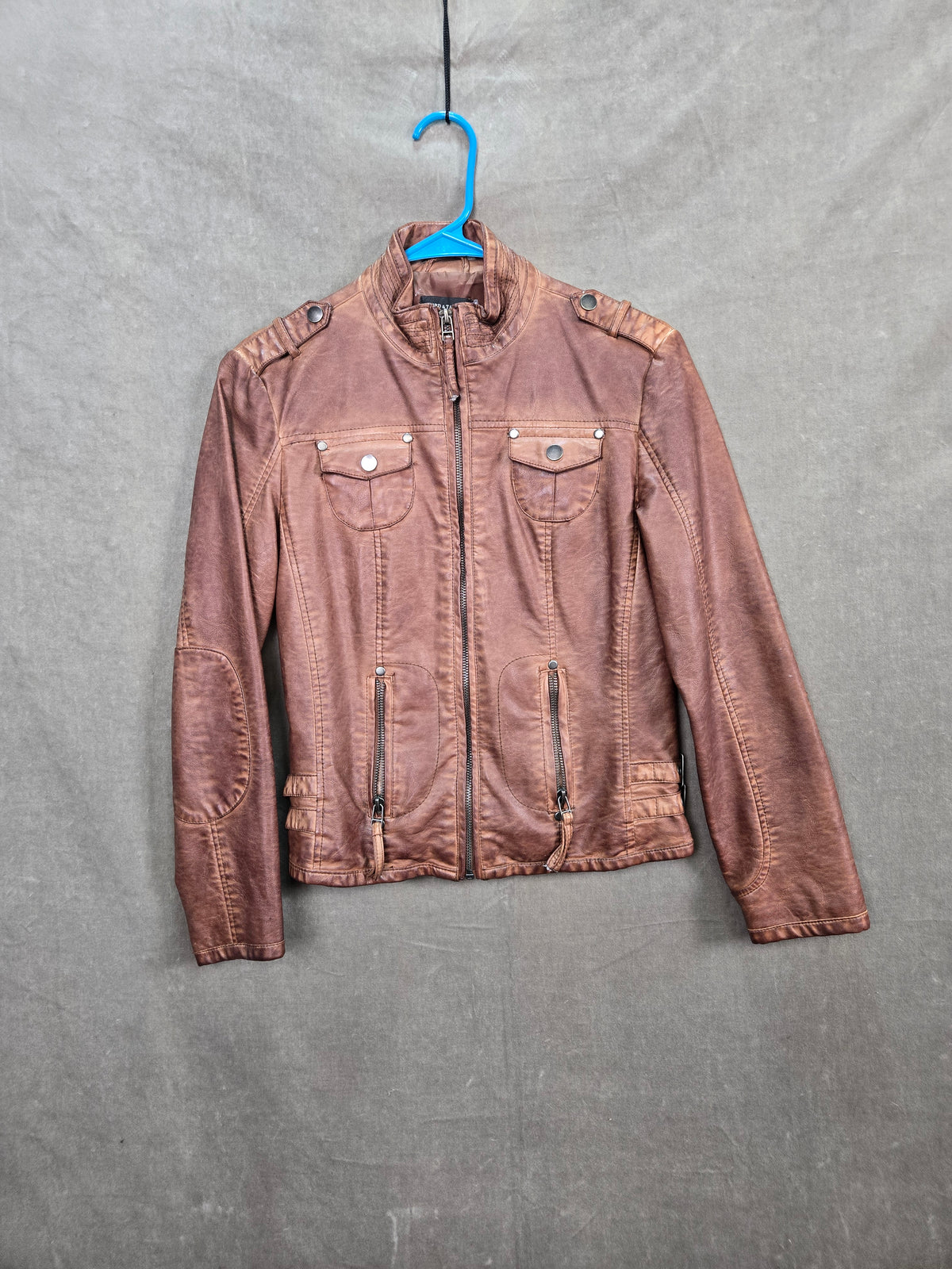 Lord & Taylor Women's Brown Faux Leather Moto Jacket Zip Pockets Size 2