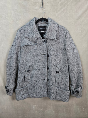 MODA INTERNATIONAL Women's Black White Herringbone Tweed Pea Coat Jacket Short L 1