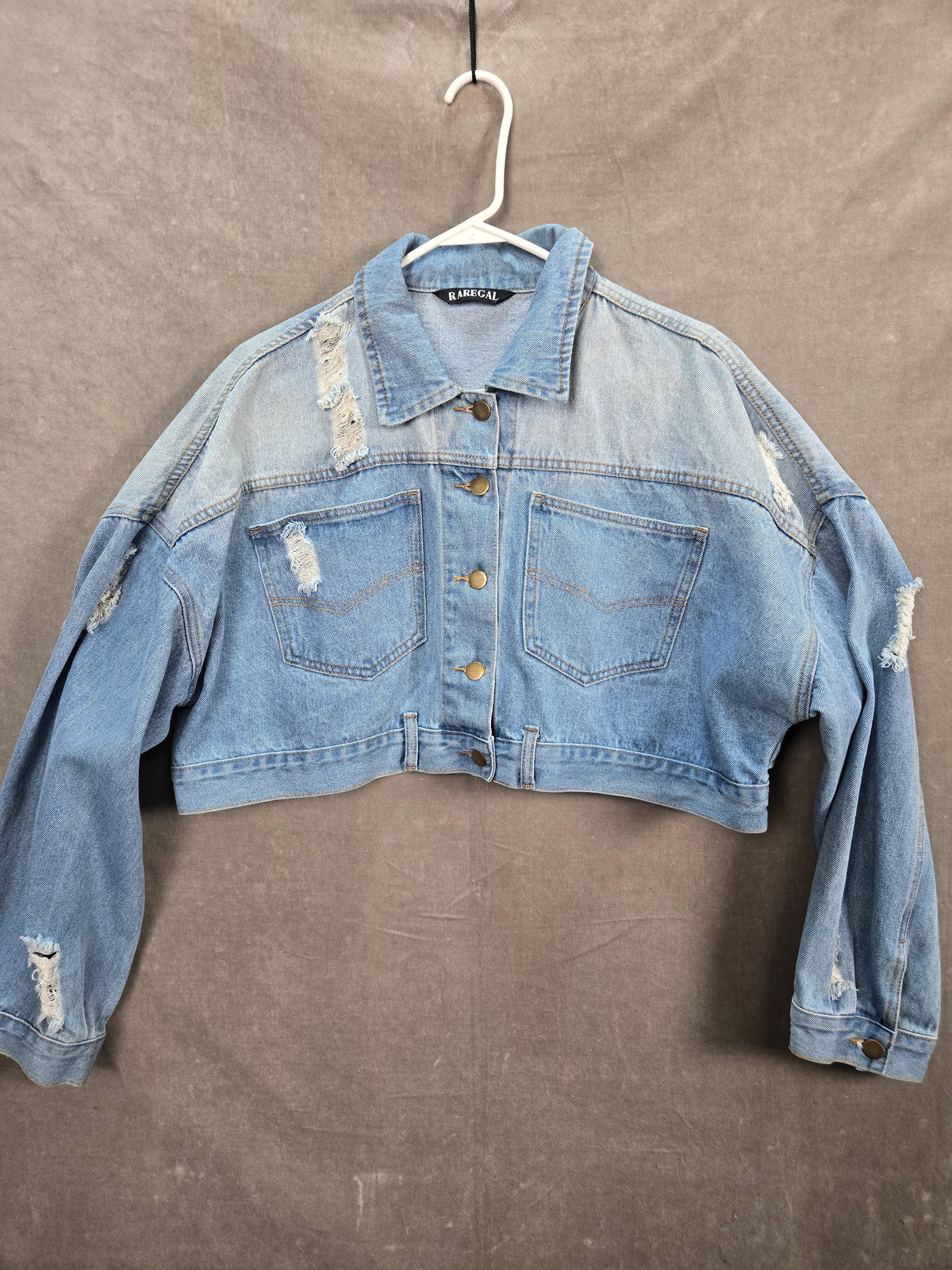 R AREGAL Women's Light Wash Distressed Cropped Denim Jacket Size L
